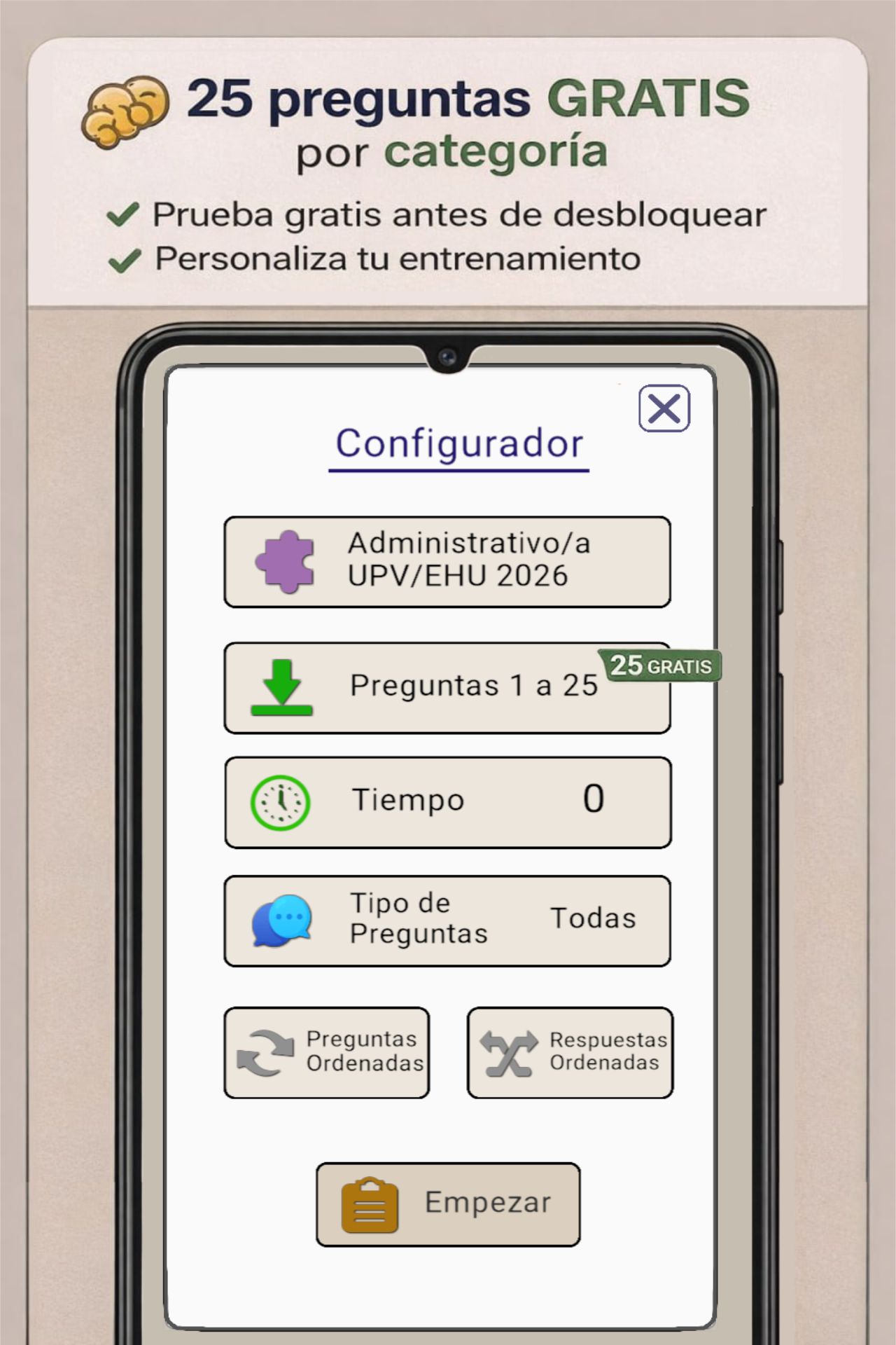 Captura real de Test Administrativo UPV/EHU con 25 preguntas gratis y configurador de test